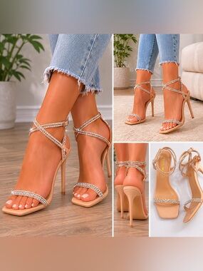 Fashion Nova Nude Rhinestone Ankle Strap Heels‎ Size 6.5